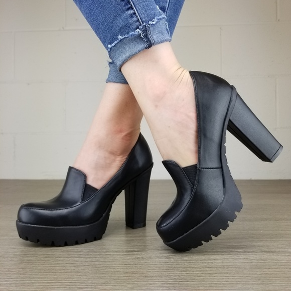 Slip on rockabilly Chunky Heels Faux Leather - Picture 4 of 8